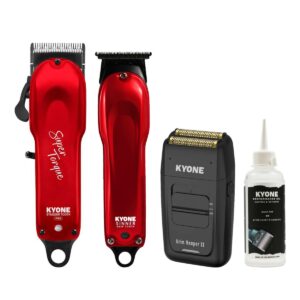 Kyone Ultima Stagger Tooth PRO Clipper, Sinner Deep Tooth Trimmer, Grim Reaper II Dual Foil Shaver och Performance Oil 125 ml