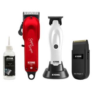 Kyone Performance Oil, Ultima Stagger Tooth PRO Clipper, 360 Zero Trimmer Vit och Grim Reaper I Single Foil Shaver