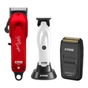 Kyone Ultima Stagger Tooth PRO Clipper, Kyone 360 Zero Trimmer Vit och Kyone Grim Reaper II Dual Foil Shaver
